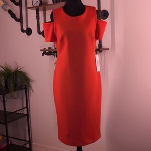 Vibrant Calvin Klein Cold Shoulder Sheath in Coral Red. Perfect for Office Siren